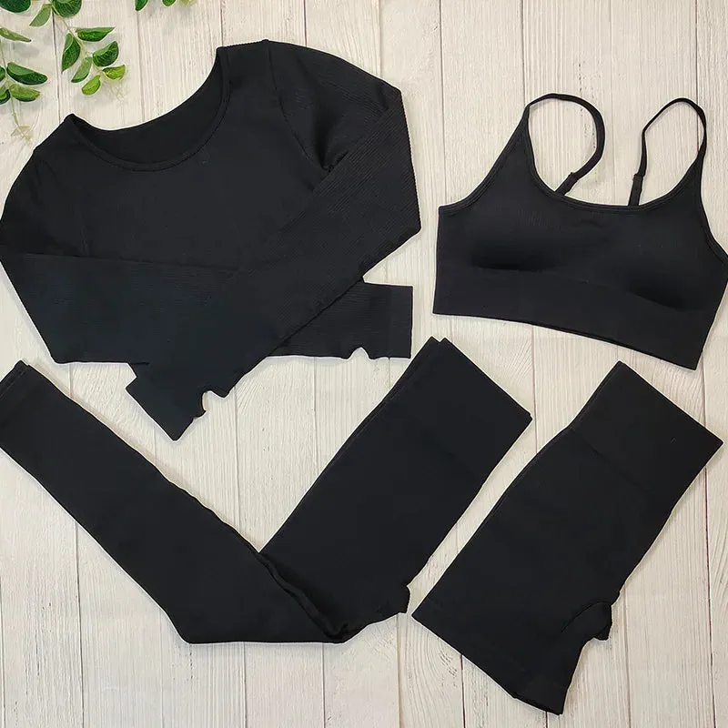 Ribbed Sportswear Women White Seamless Set - 2/3/4 Piece Sports Fitness Suit Yoga Clothing Tracksuit Gym Set Workout Clothes