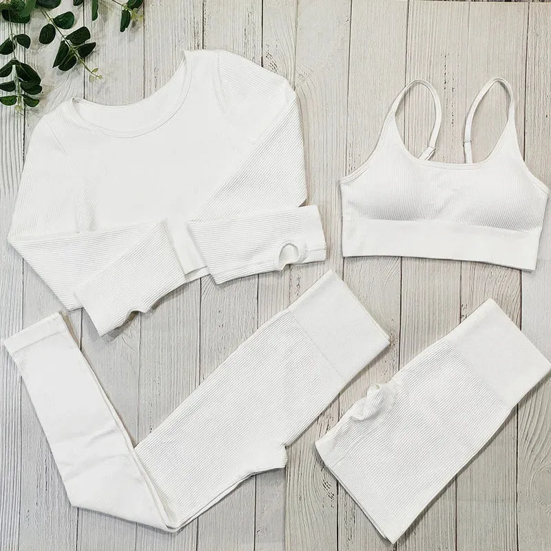 Ribbed Sportswear Women White Seamless Set - 2/3/4 Piece Sports Fitness Suit Yoga Clothing Tracksuit Gym Set Workout Clothes