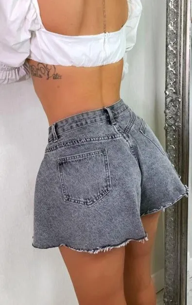 Ripped Denim Flared Shorts
