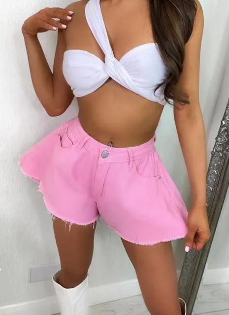 Ripped Denim Flared Shorts
