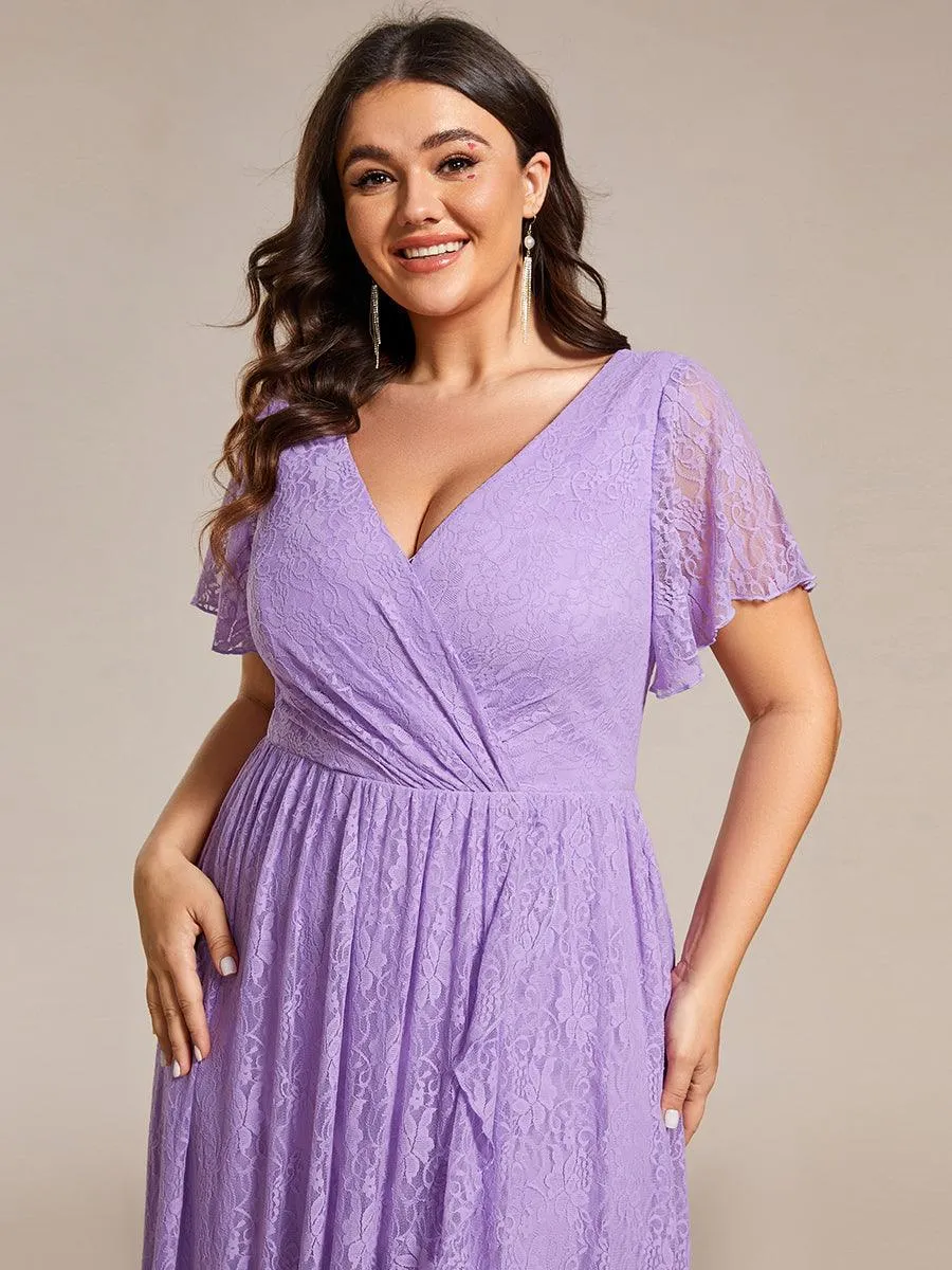Robe de soirée en dentelle plissée à manches courtes et col en V Grande taille