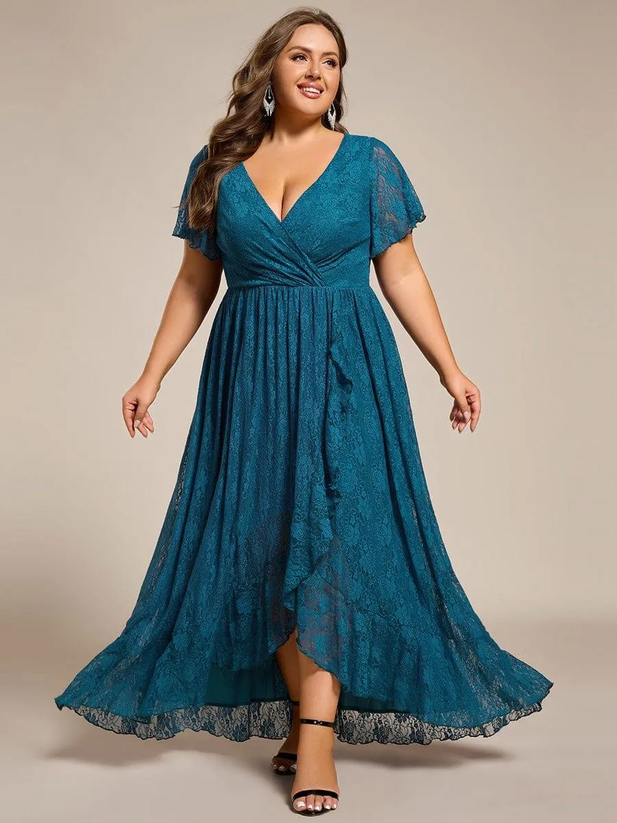 Robe de soirée en dentelle plissée à manches courtes et col en V Grande taille