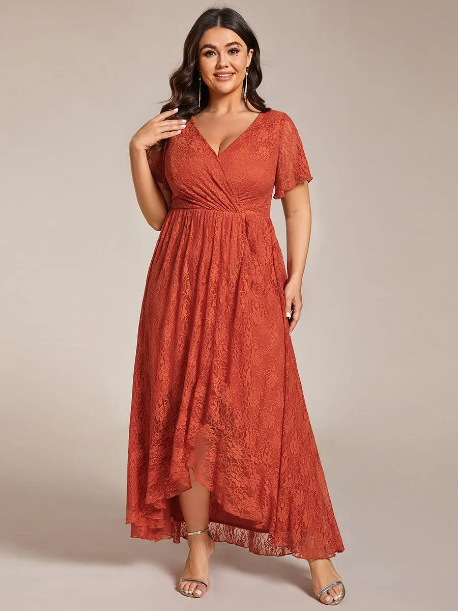 Robe de soirée en dentelle plissée à manches courtes et col en V Grande taille
