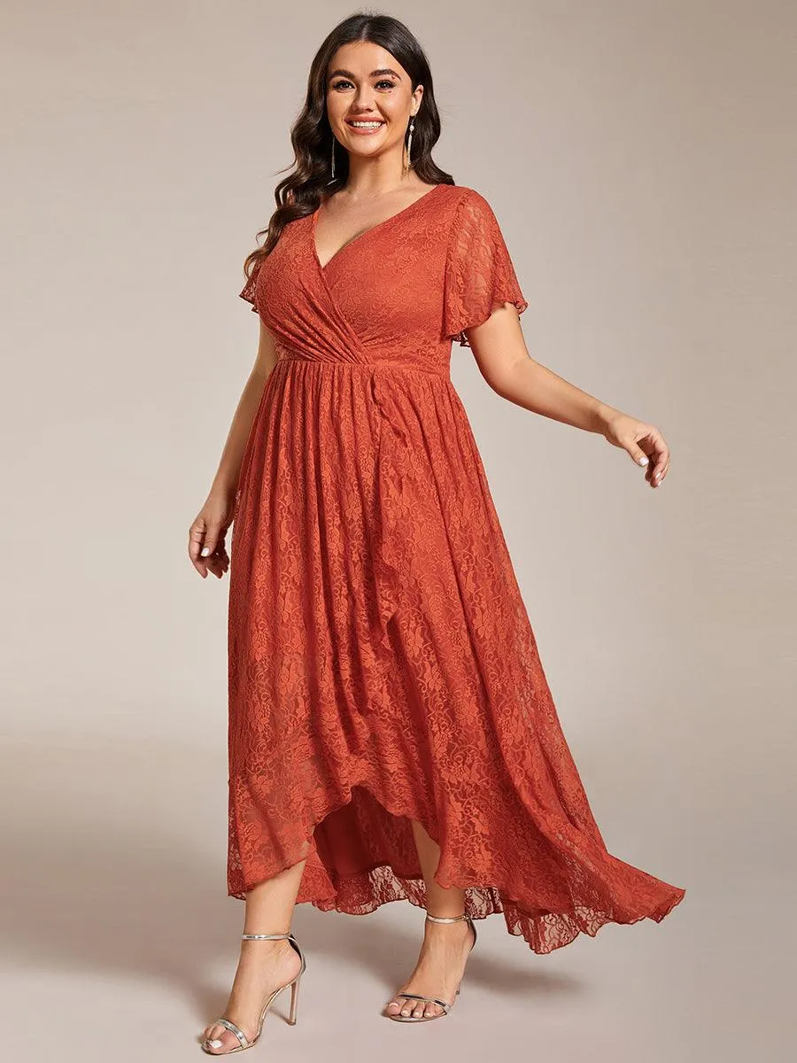 Robe de soirée en dentelle plissée à manches courtes et col en V Grande taille
