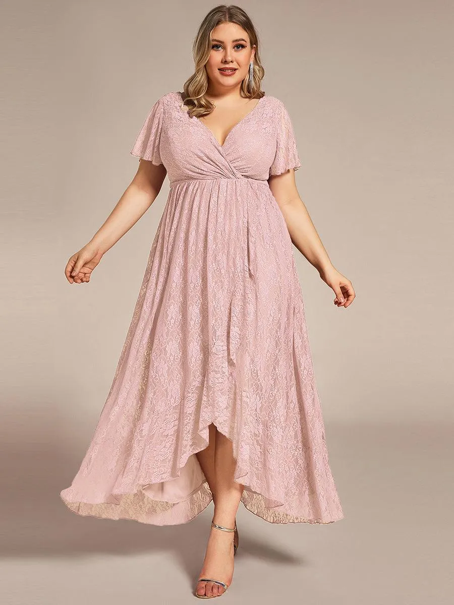 Robe de soirée en dentelle plissée à manches courtes et col en V Grande taille