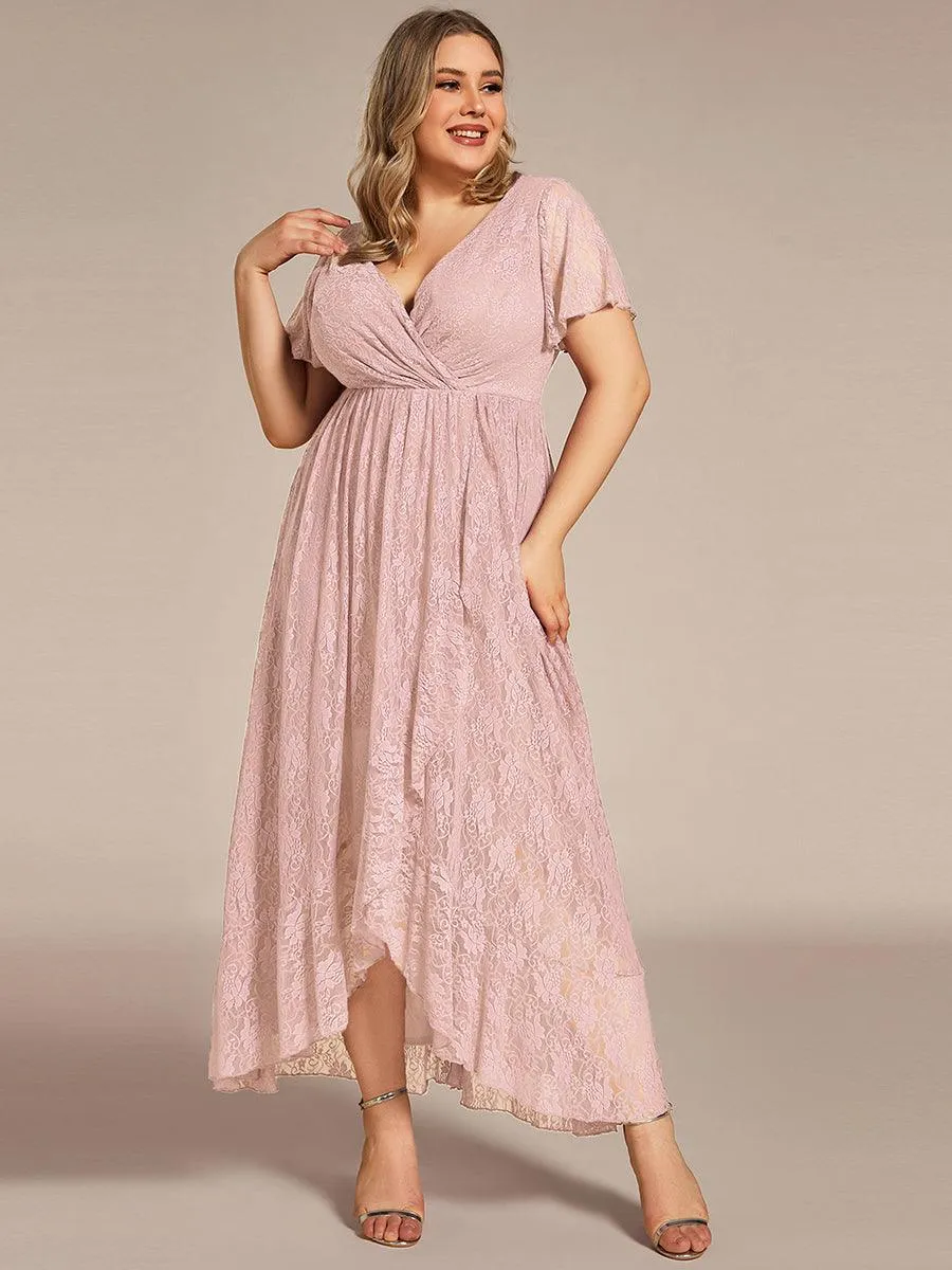 Robe de soirée en dentelle plissée à manches courtes et col en V Grande taille