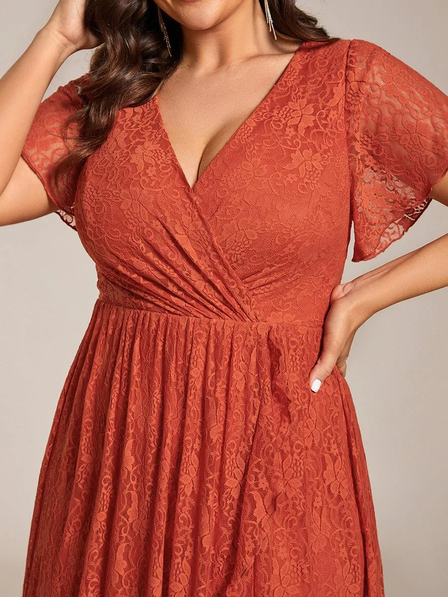 Robe de soirée en dentelle plissée à manches courtes et col en V Grande taille
