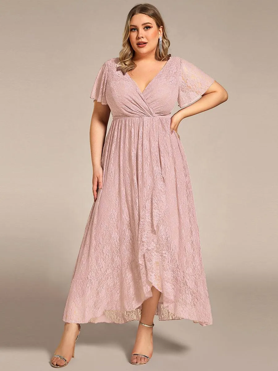 Robe de soirée en dentelle plissée à manches courtes et col en V Grande taille