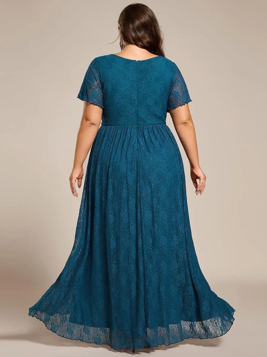 Robe de soirée en dentelle plissée à manches courtes et col en V Grande taille