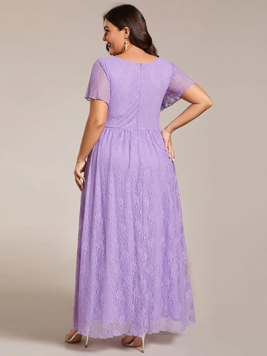 Robe de soirée en dentelle plissée à manches courtes et col en V Grande taille