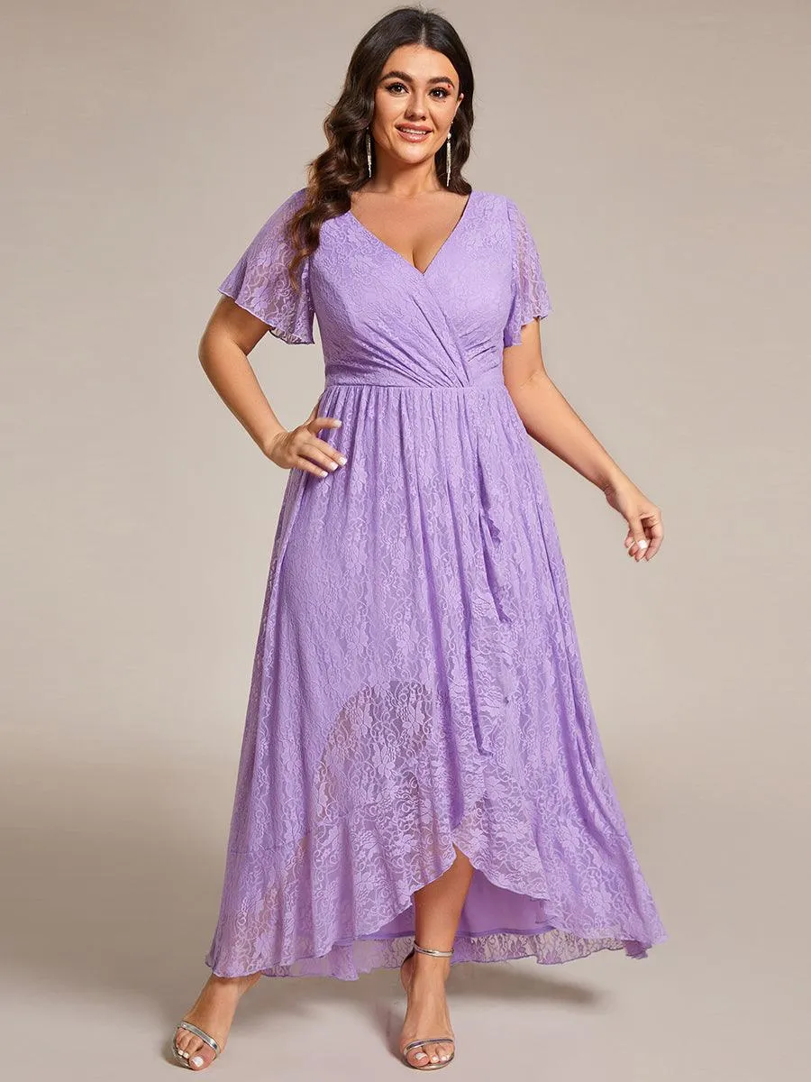Robe de soirée en dentelle plissée à manches courtes et col en V Grande taille