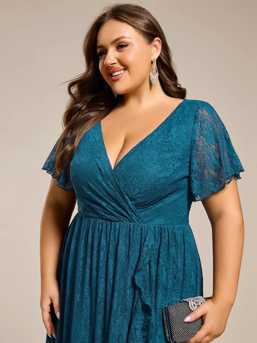 Robe de soirée en dentelle plissée à manches courtes et col en V Grande taille