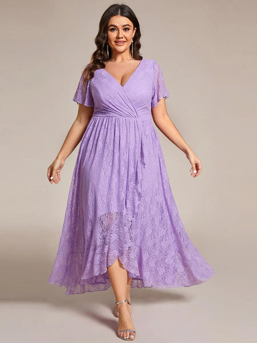 Robe de soirée en dentelle plissée à manches courtes et col en V Grande taille