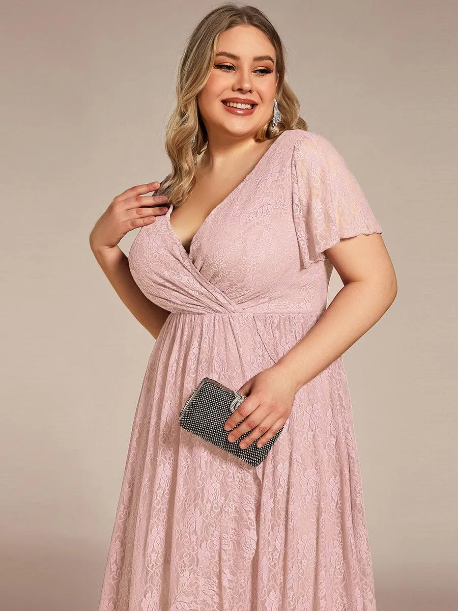 Robe de soirée en dentelle plissée à manches courtes et col en V Grande taille