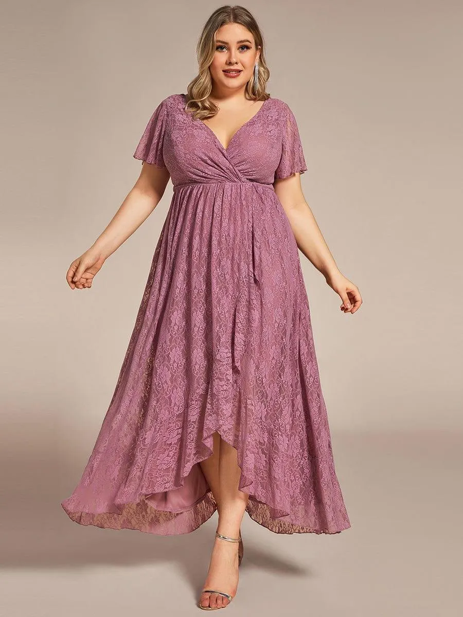 Robe de soirée en dentelle plissée à manches courtes et col en V Grande taille