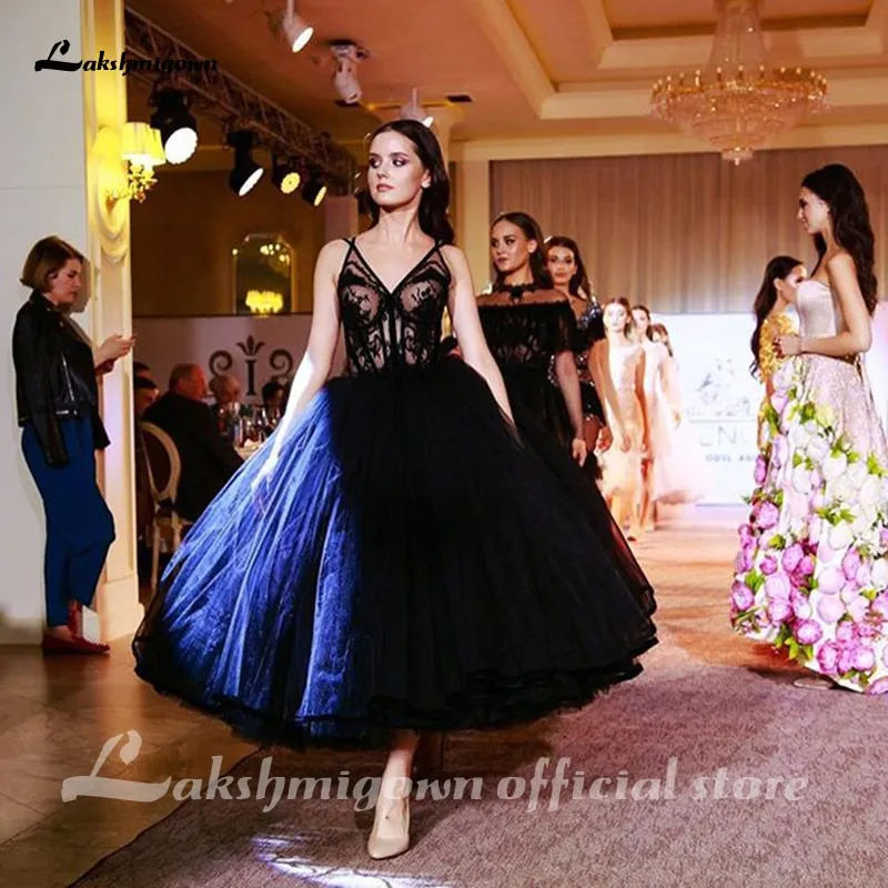 Roycebridal Lakshmigown Gothic Black Wedding Dresses Backless A-line Bridal Dress Tea Length Deep V-Neck Lace
