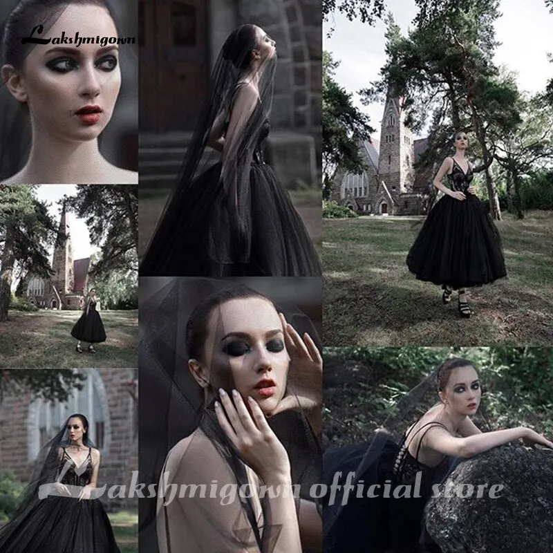 Roycebridal Lakshmigown Gothic Black Wedding Dresses Backless A-line Bridal Dress Tea Length Deep V-Neck Lace