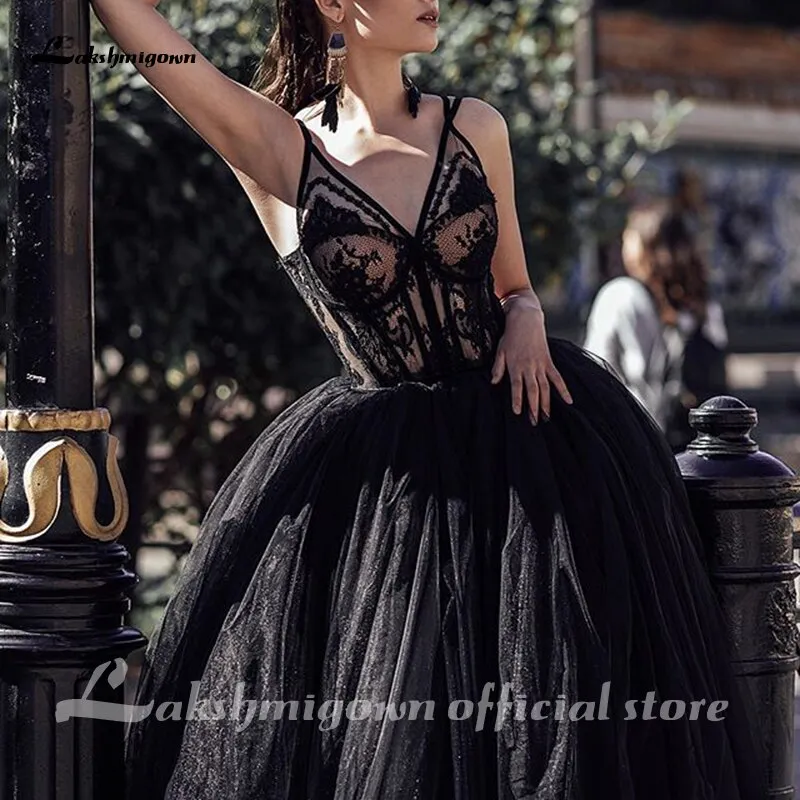 Roycebridal Lakshmigown Gothic Black Wedding Dresses Backless A-line Bridal Dress Tea Length Deep V-Neck Lace