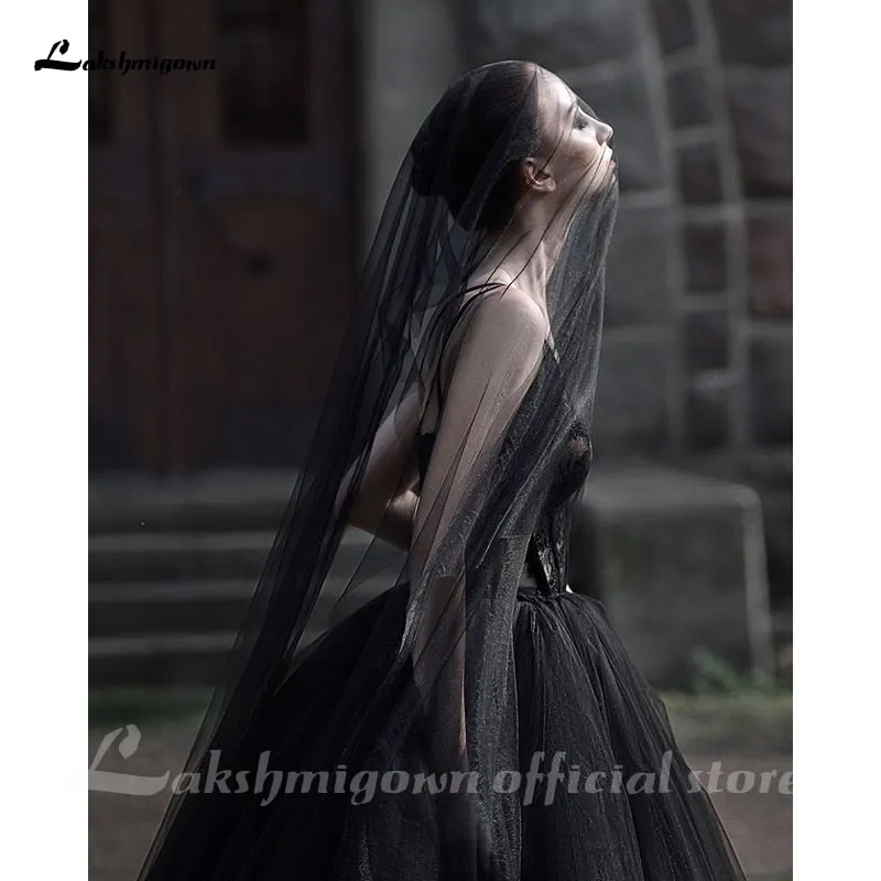 Roycebridal Lakshmigown Gothic Black Wedding Dresses Backless A-line Bridal Dress Tea Length Deep V-Neck Lace