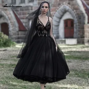 Roycebridal Lakshmigown Gothic Black Wedding Dresses Backless A-line Bridal Dress Tea Length Deep V-Neck Lace