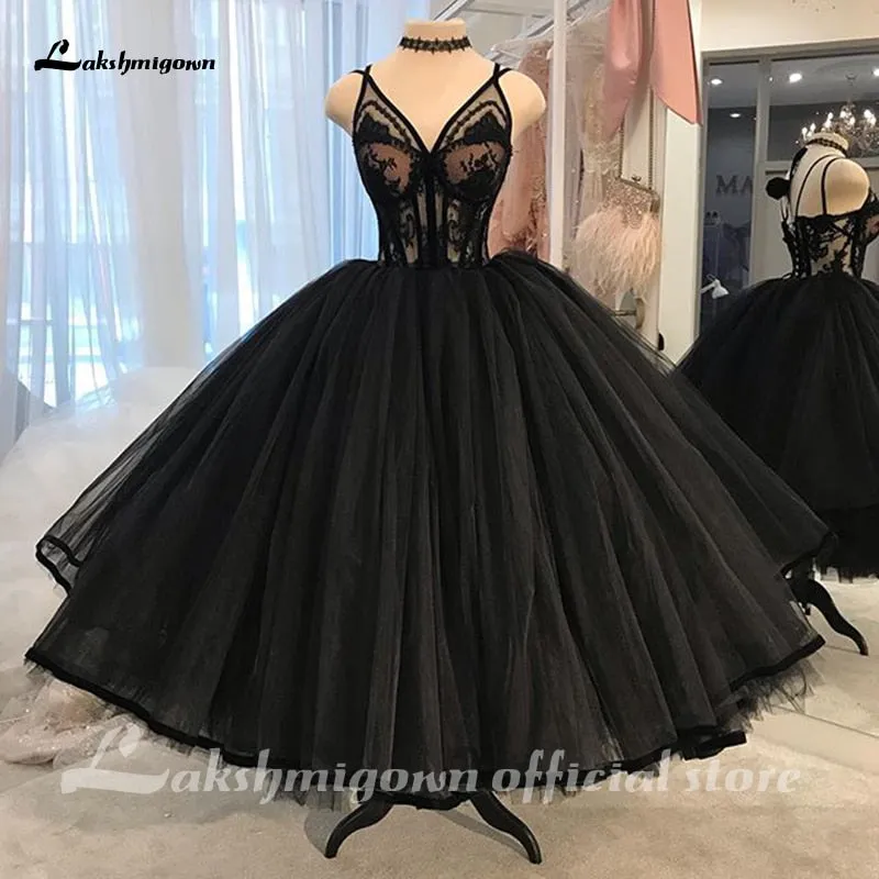 Roycebridal Lakshmigown Gothic Black Wedding Dresses Backless A-line Bridal Dress Tea Length Deep V-Neck Lace