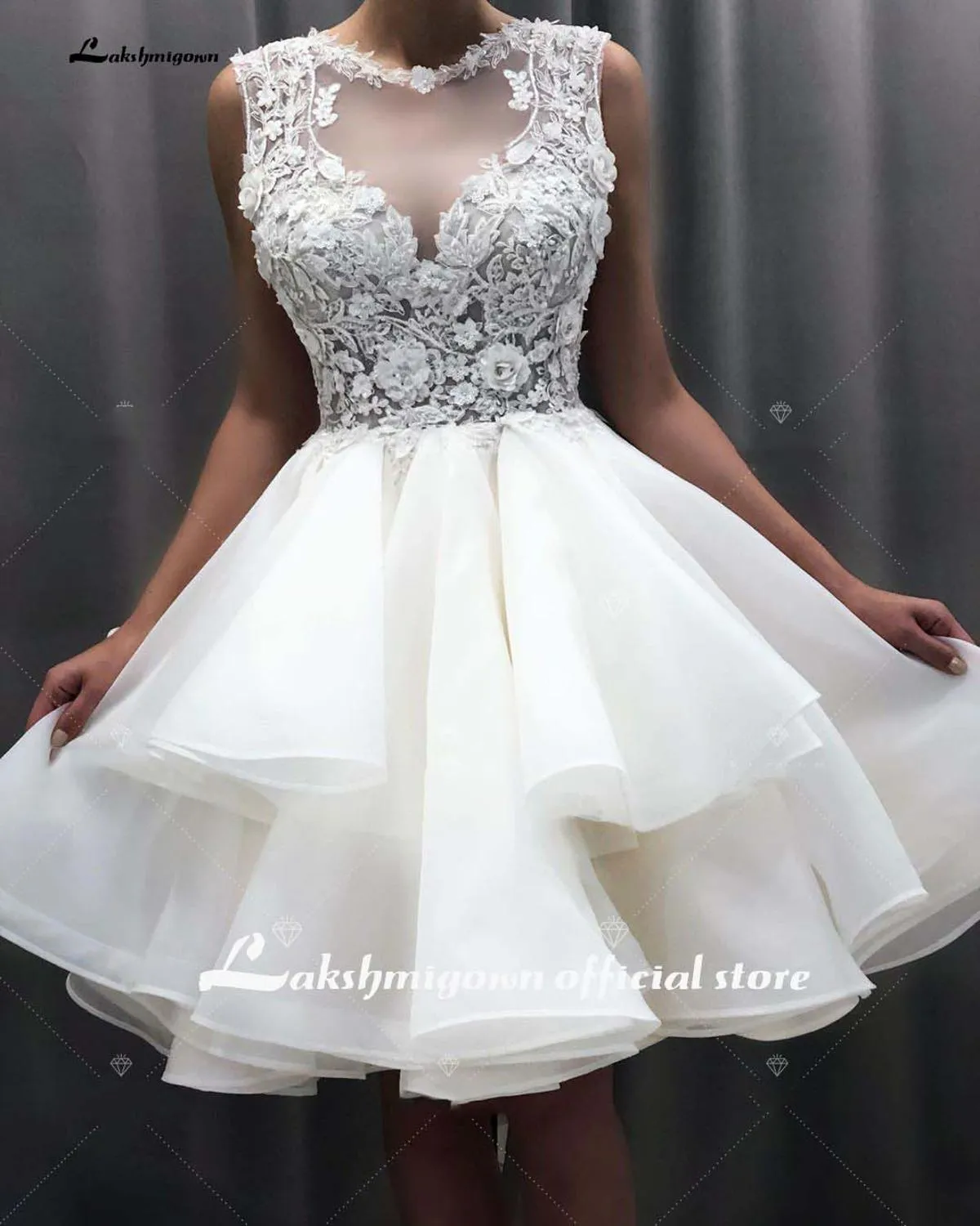 Roycebridal Short Wedding Dress  Appliques Flowers Lace Top Bride Dresses Mini Wedding
