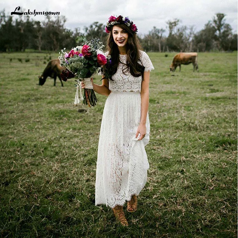 Roycebridal Two Piece Lace Boho Wedding Dress With Sleeves Round Neck Ankle Length Bohemian Hippie Short Bride Dress For Women vestidos