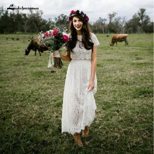 Roycebridal Two Piece Lace Boho Wedding Dress With Sleeves Round Neck Ankle Length Bohemian Hippie Short Bride Dress For Women vestidos