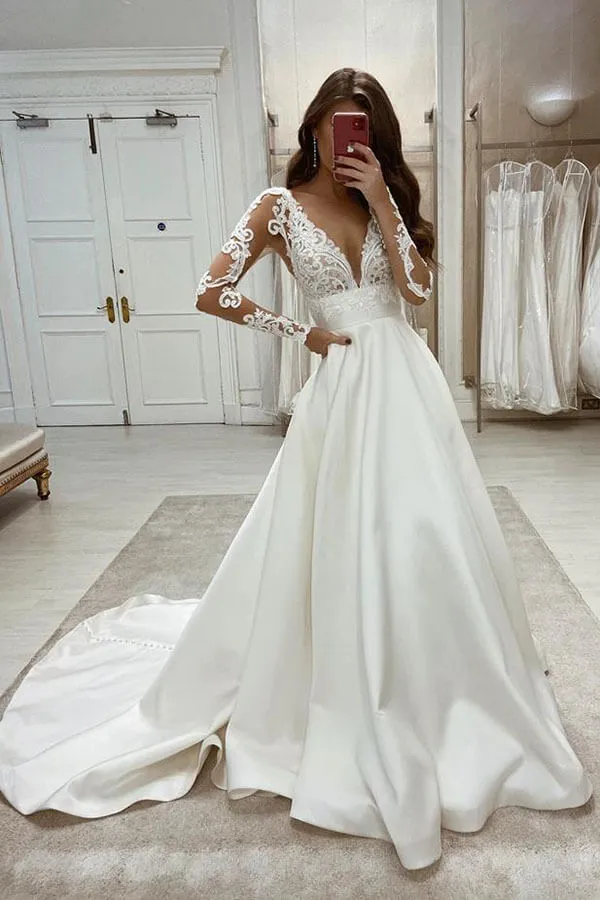 Roycebridal Vintage Satin Lace Ball Gown Deep V Neck Wedding Dresses, Bridal Gown, MW593
