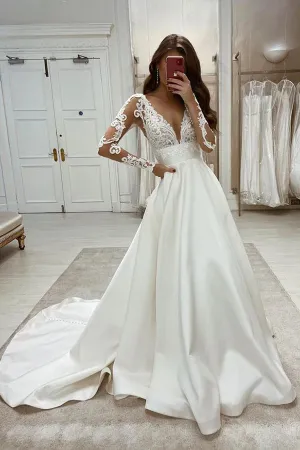 Roycebridal Vintage Satin Lace Ball Gown Deep V Neck Wedding Dresses, Bridal Gown, MW593