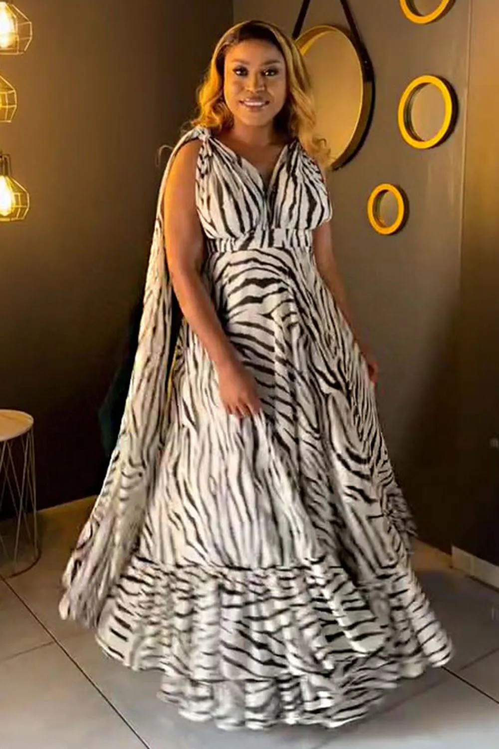 Sash Sleeveless Zebra Print Slit Vacation Maxi Dresses-White [Pre Order]