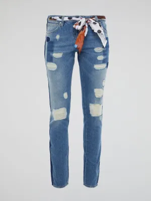 Scarf Belted Distressed Denim Jeans