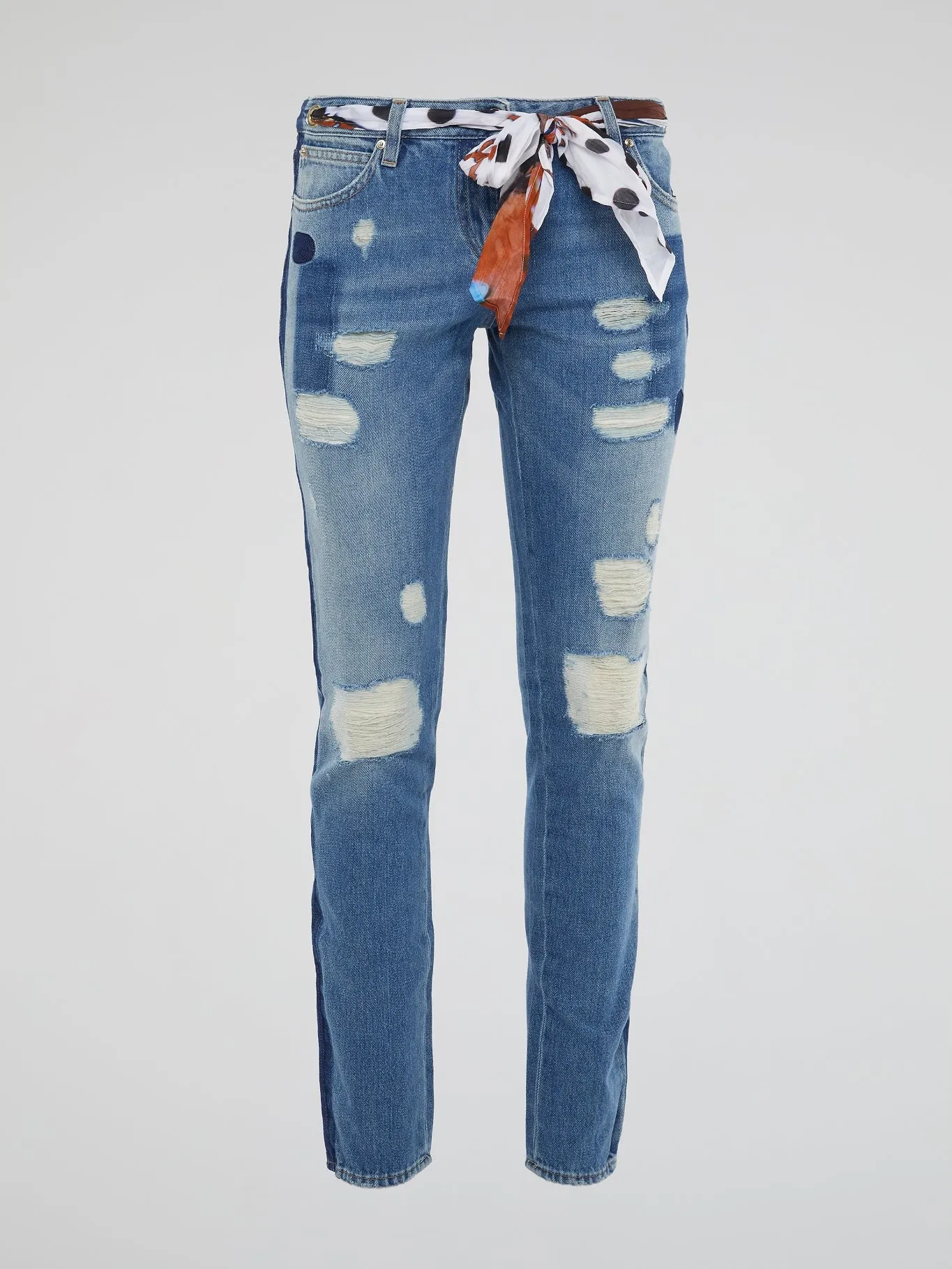 Scarf Belted Distressed Denim Jeans