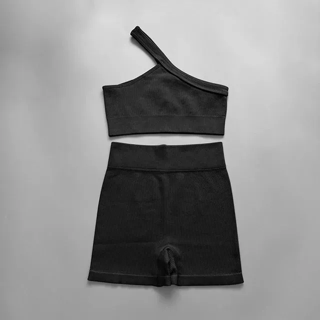 Seamless Women Yoga Set - Gym Sportswear 2 Piece, Sexy One Shoulder Sports Bra, High Waist Shorts, Summer Running Workout Clothes