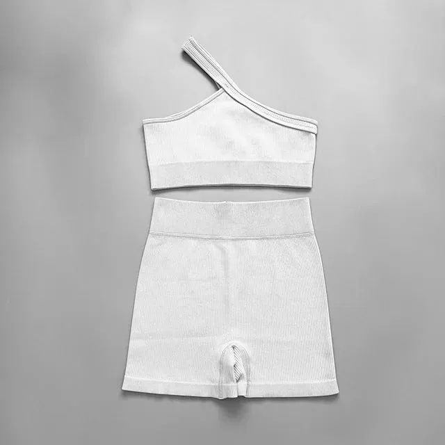 Seamless Women Yoga Set - Gym Sportswear 2 Piece, Sexy One Shoulder Sports Bra, High Waist Shorts, Summer Running Workout Clothes