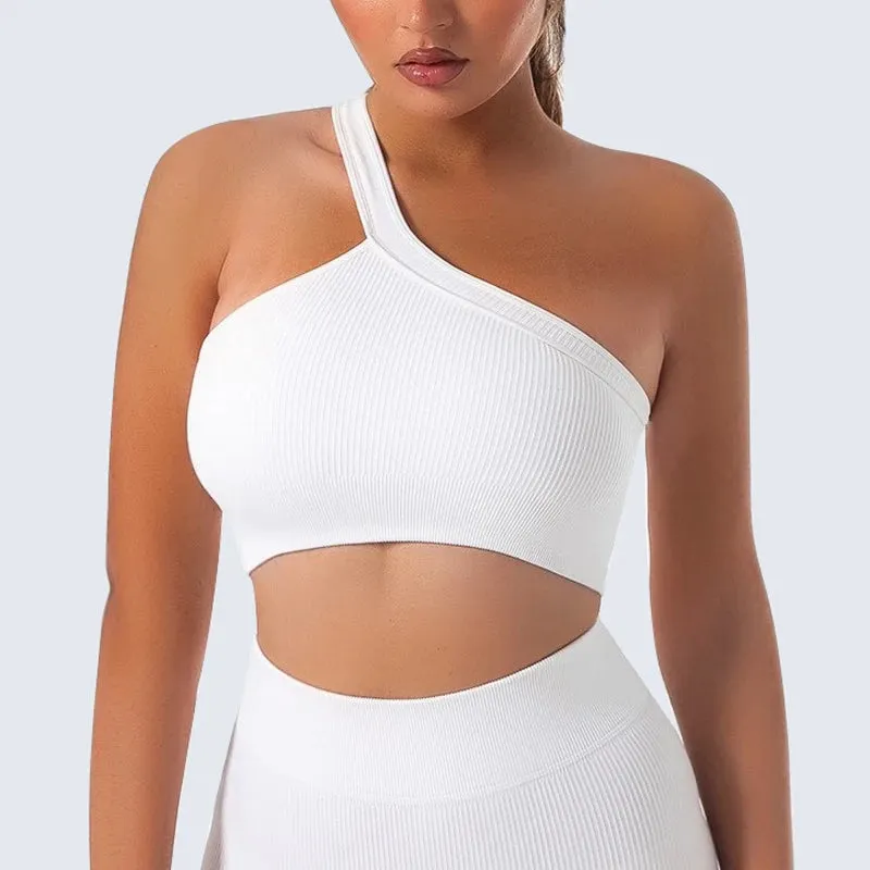 Seamless Women Yoga Set - Gym Sportswear 2 Piece, Sexy One Shoulder Sports Bra, High Waist Shorts, Summer Running Workout Clothes