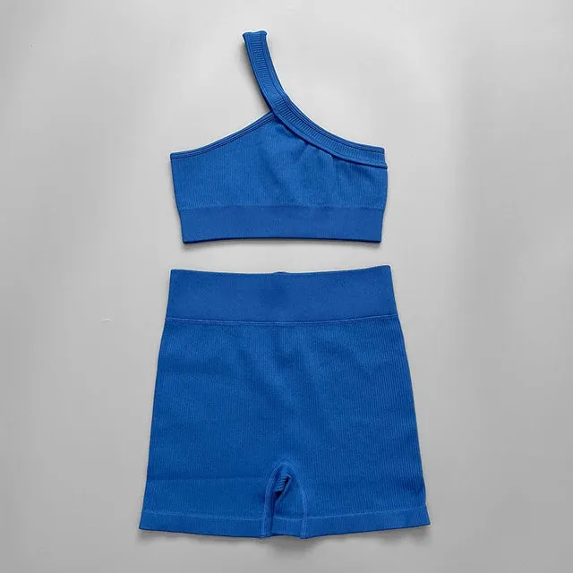 Seamless Women Yoga Set - Gym Sportswear 2 Piece, Sexy One Shoulder Sports Bra, High Waist Shorts, Summer Running Workout Clothes