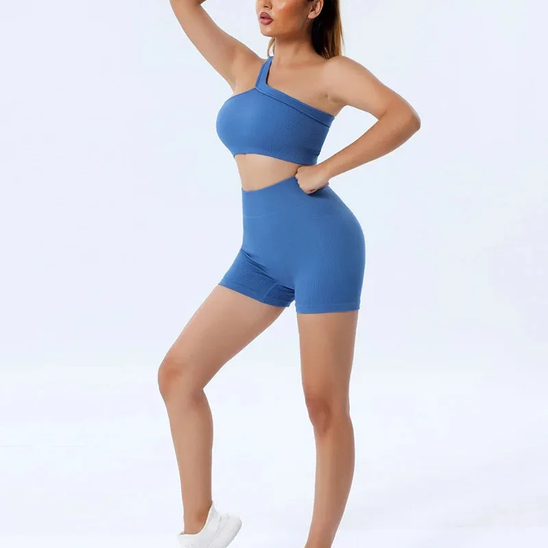 Seamless Women Yoga Set - Gym Sportswear 2 Piece, Sexy One Shoulder Sports Bra, High Waist Shorts, Summer Running Workout Clothes