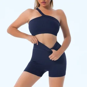 Seamless Women Yoga Set - Gym Sportswear 2 Piece, Sexy One Shoulder Sports Bra, High Waist Shorts, Summer Running Workout Clothes