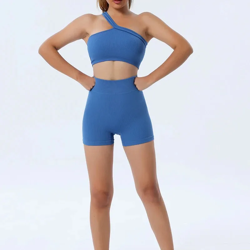 Seamless Women Yoga Set - Gym Sportswear 2 Piece, Sexy One Shoulder Sports Bra, High Waist Shorts, Summer Running Workout Clothes