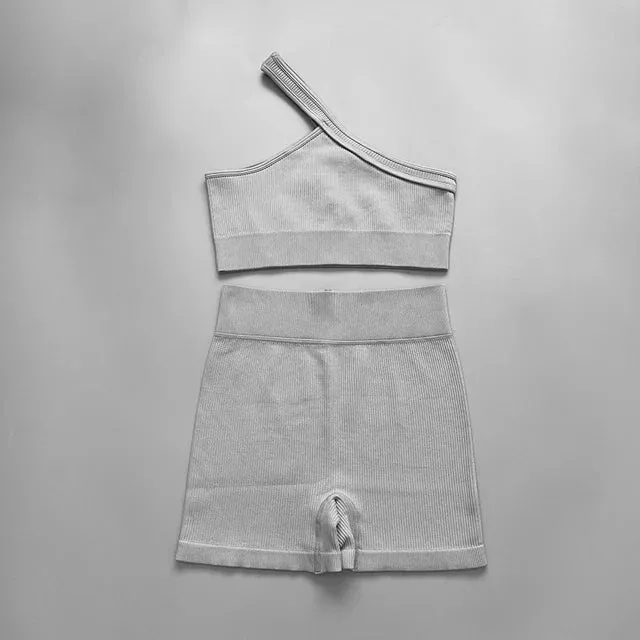 Seamless Women Yoga Set - Gym Sportswear 2 Piece, Sexy One Shoulder Sports Bra, High Waist Shorts, Summer Running Workout Clothes