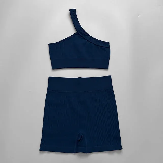 Seamless Women Yoga Set - Gym Sportswear 2 Piece, Sexy One Shoulder Sports Bra, High Waist Shorts, Summer Running Workout Clothes