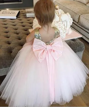 Sequin Tulle Flower Girls Dress Ball Gown with Bow Belt
