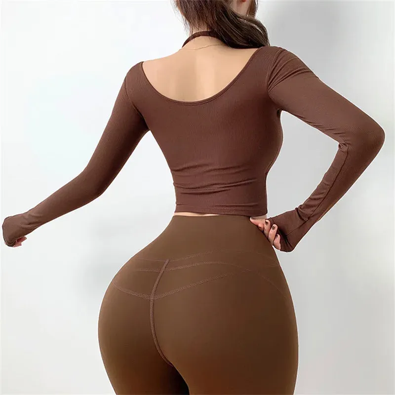 Sexy Hanging Neck Long Sleeve Gym Sport Shirt - Yoga Crop Top Workout Tops Fitness T-shirt