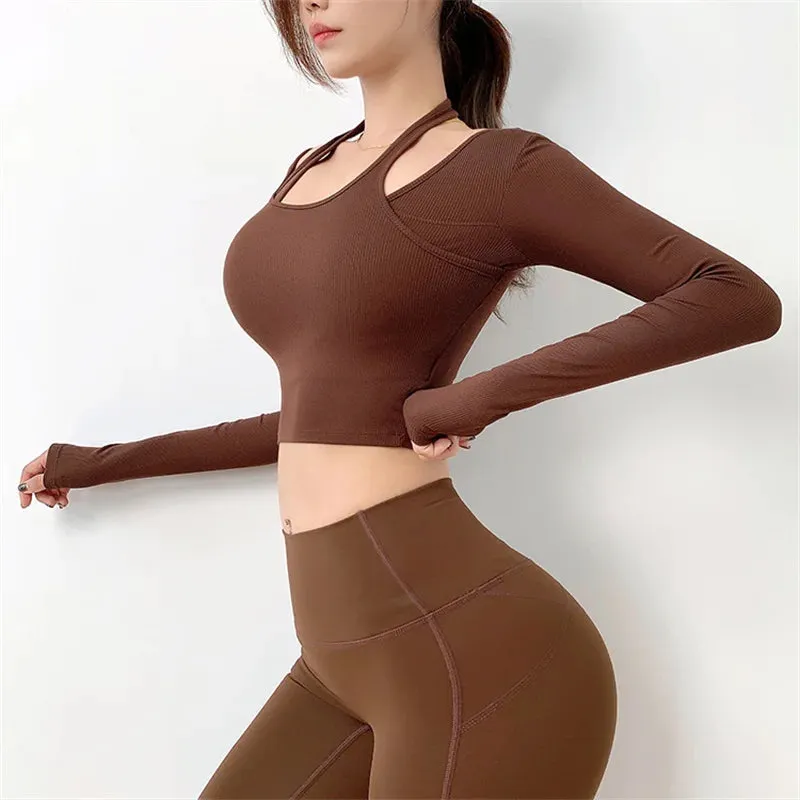 Sexy Hanging Neck Long Sleeve Gym Sport Shirt - Yoga Crop Top Workout Tops Fitness T-shirt