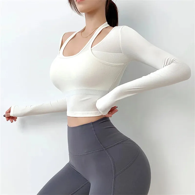 Sexy Hanging Neck Long Sleeve Gym Sport Shirt - Yoga Crop Top Workout Tops Fitness T-shirt
