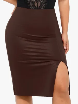Shapewear Sculpting Faux Leather Front Slit Midi Skirt