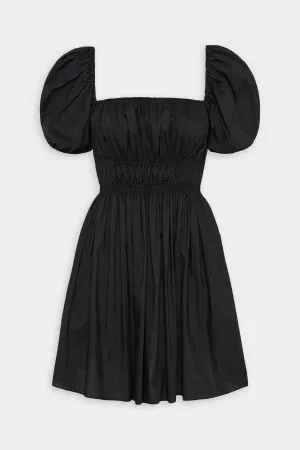 Shirred Peasant Mini Dress in Black