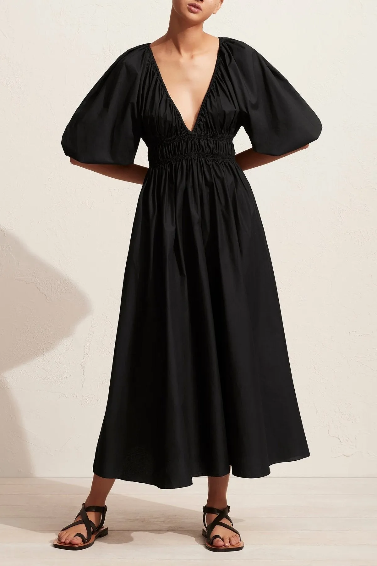 Shirred Plunge Dress in Black