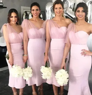 Short off the Shoulder Mermaid Black Satin Bridesmaid Dresses Split